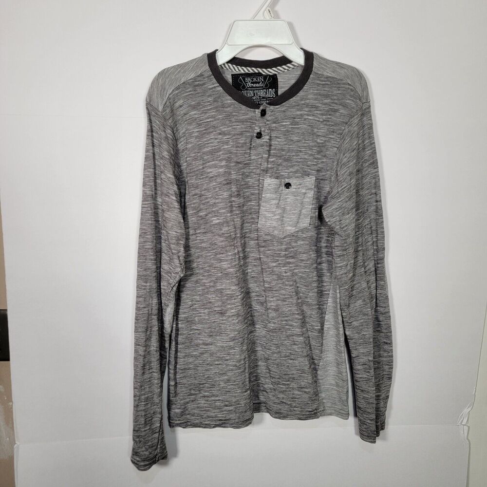 Broken Threads Mens Long Sleeve Raglan T Shirt Henley Size Small Grey Button